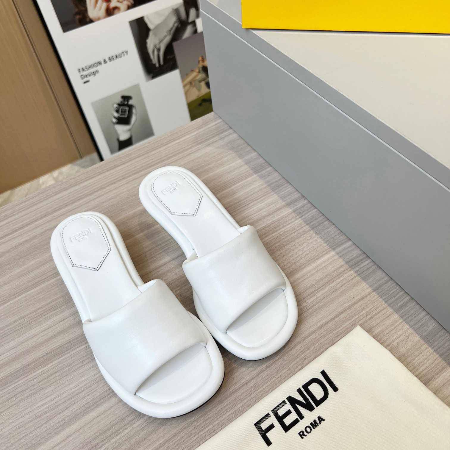 Fendi Baguette White Nappa Leather Slides - DesignerGu