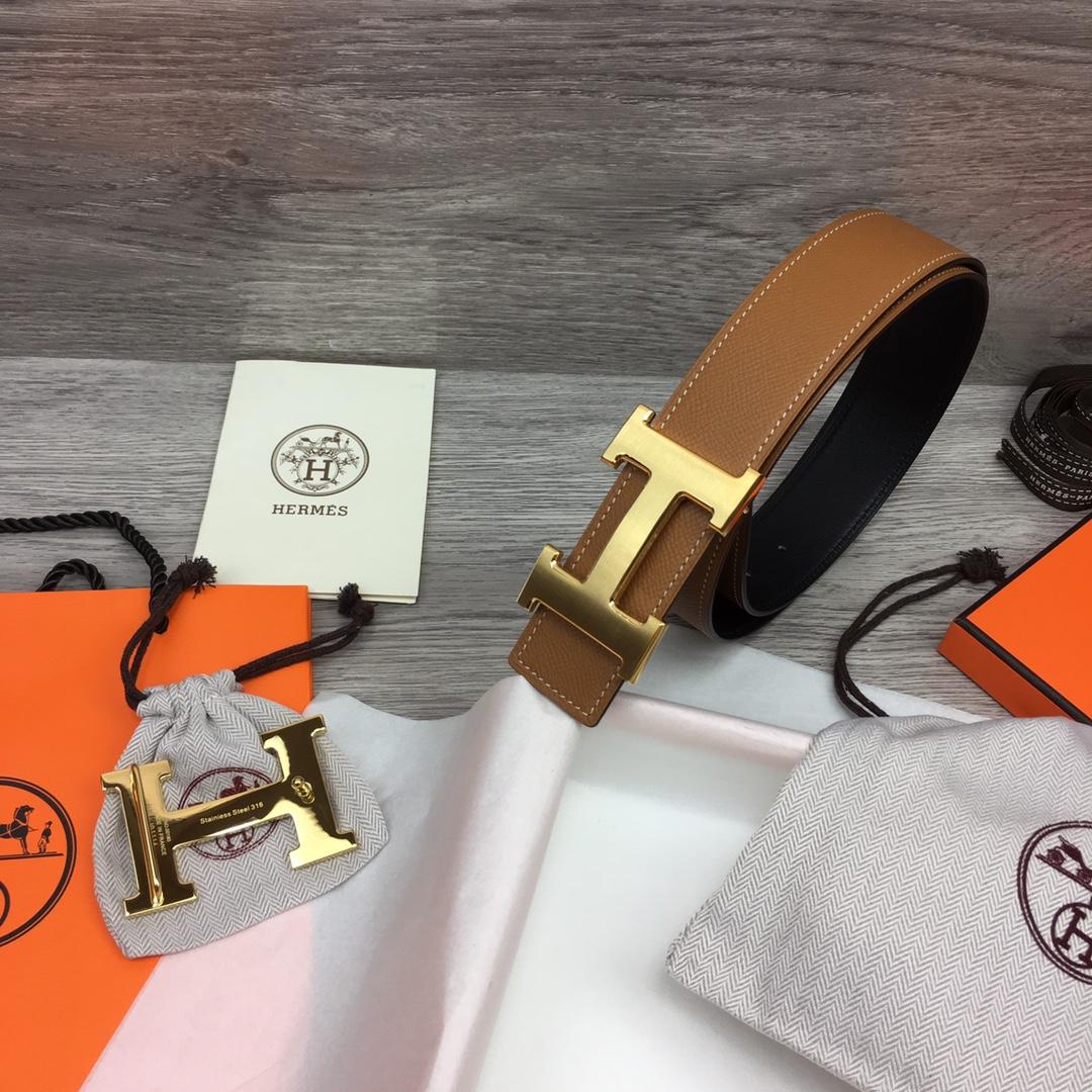 Hermes Brown Leather H Buckle Belt - DesignerGu