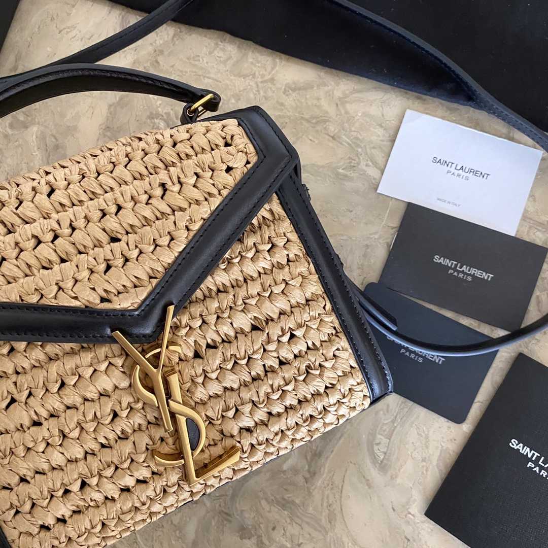 Saint Laurent Cassandra Mini Top Handle Bag In Raffia And Vegetable-Tanned Leather - DesignerGu