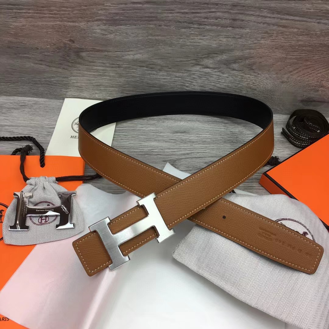 Hermes Brown Leather H Buckle Belt - DesignerGu