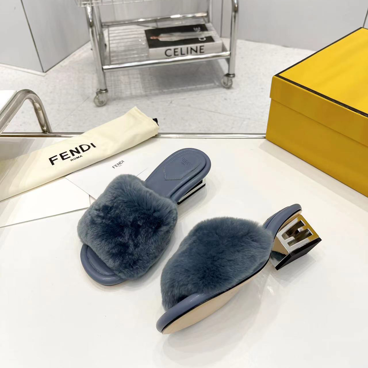 Fendi Baguette Blue Mink Slides - DesignerGu