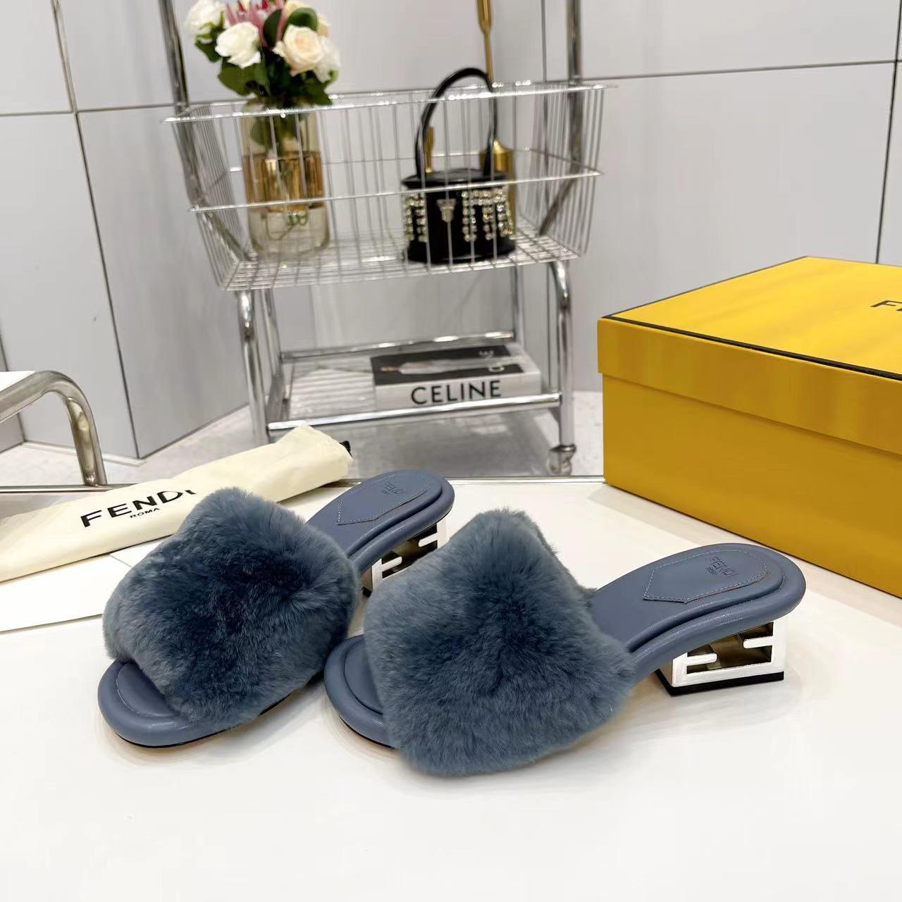 Fendi Baguette Blue Mink Slides - DesignerGu