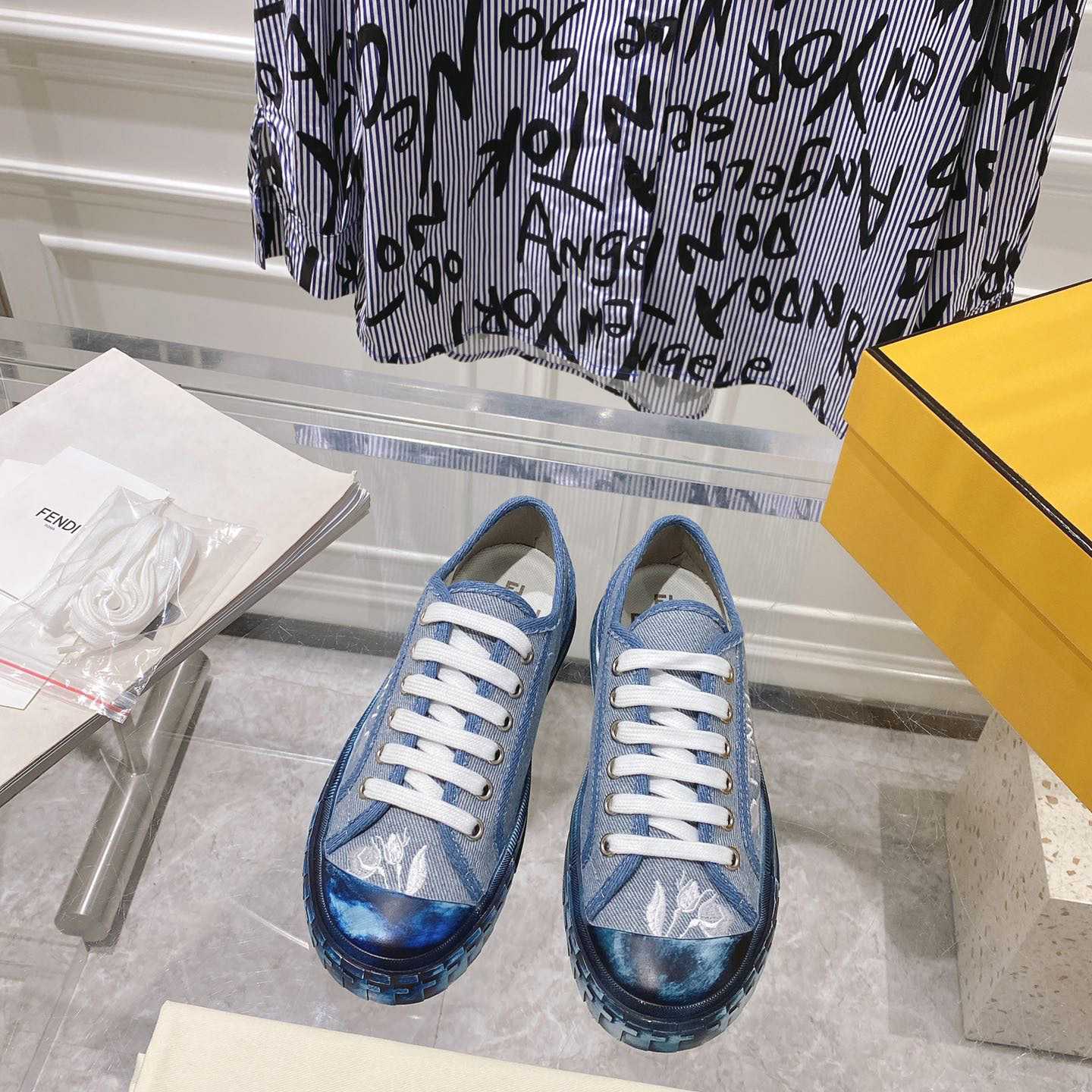 Fendi Domino Light Blue Denim Low Tops Sneakers - DesignerGu