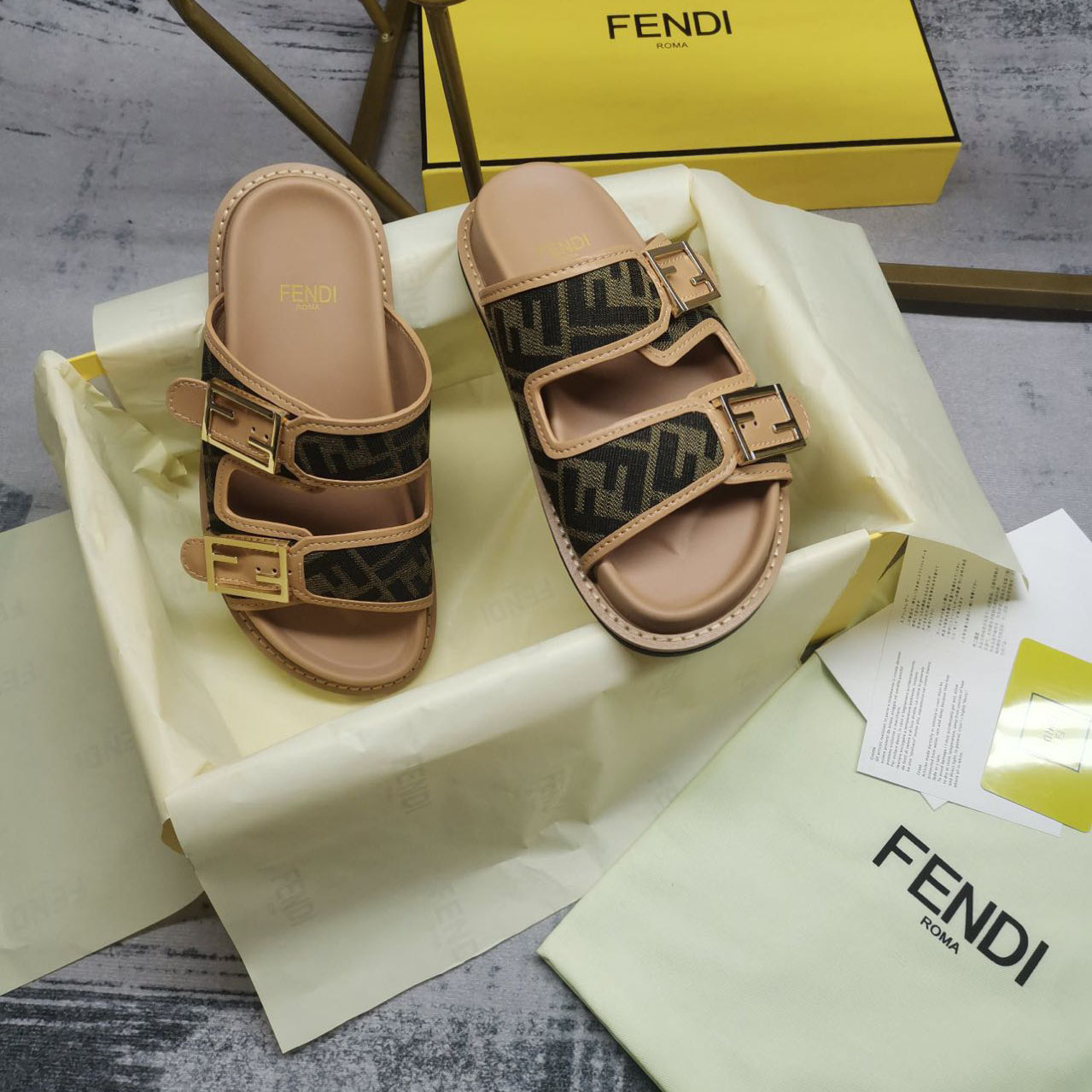 Fendi Feel Brown FF Fabric Slides - DesignerGu