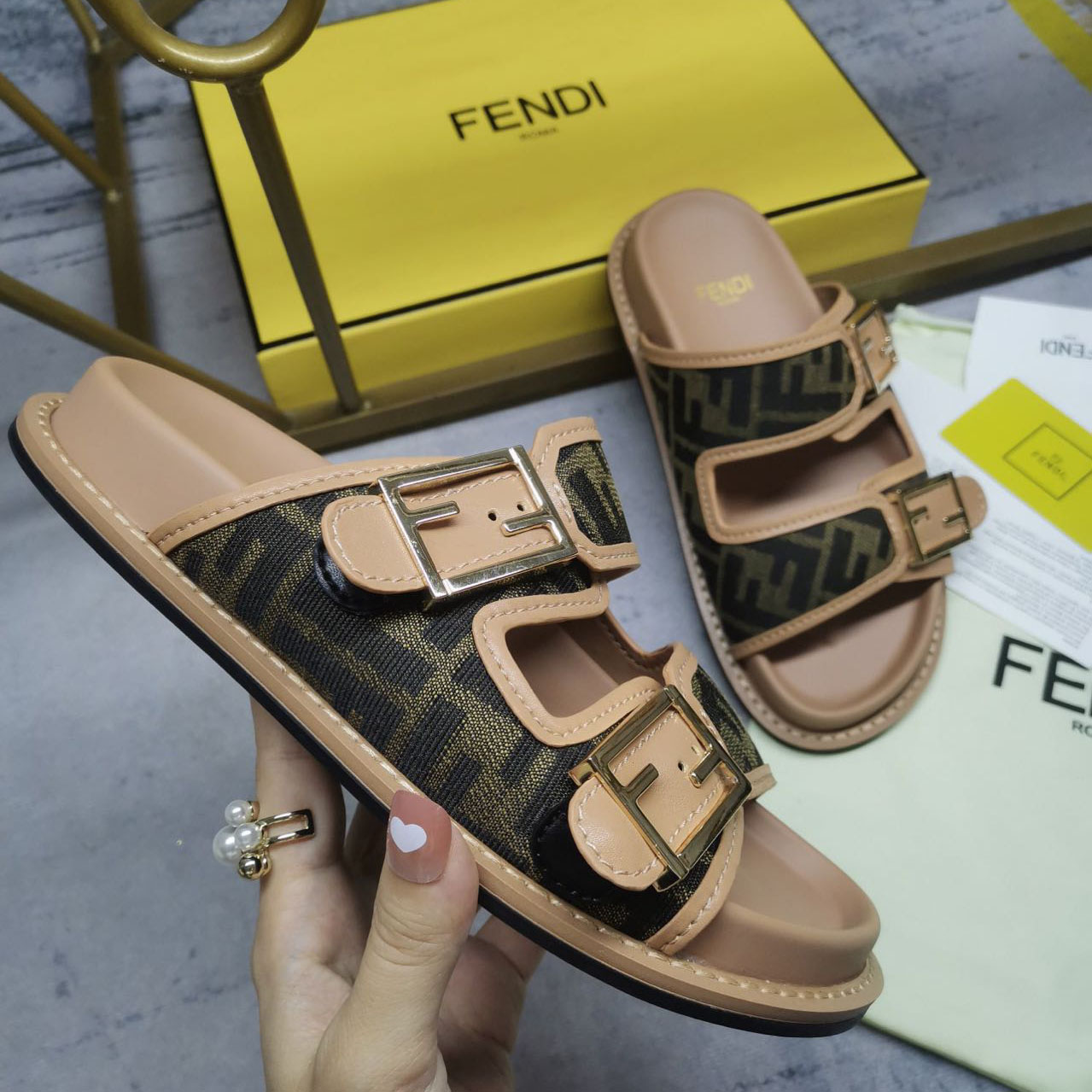 Fendi Feel Brown FF Fabric Slides - DesignerGu