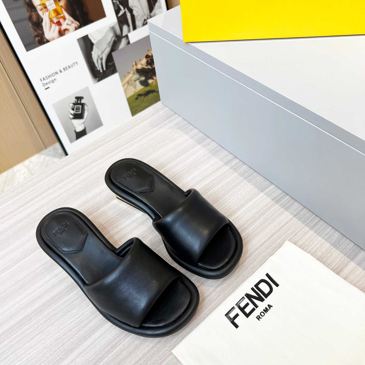 Fendi Baguette Black Nappa Leather Slides - DesignerGu