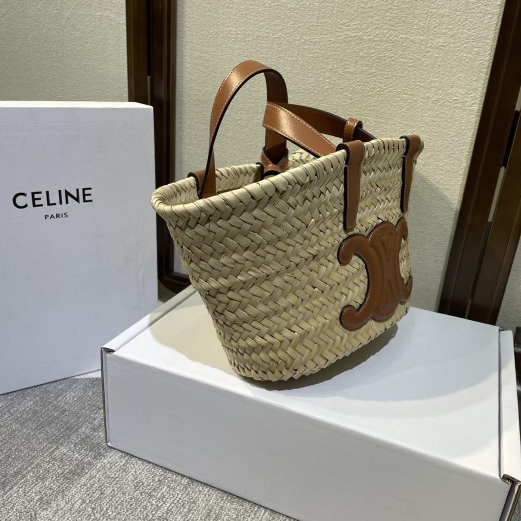 Celine Teen Triomphe Celine Classic Panier In Palm Leaves And Calfskin Tan - DesignerGu