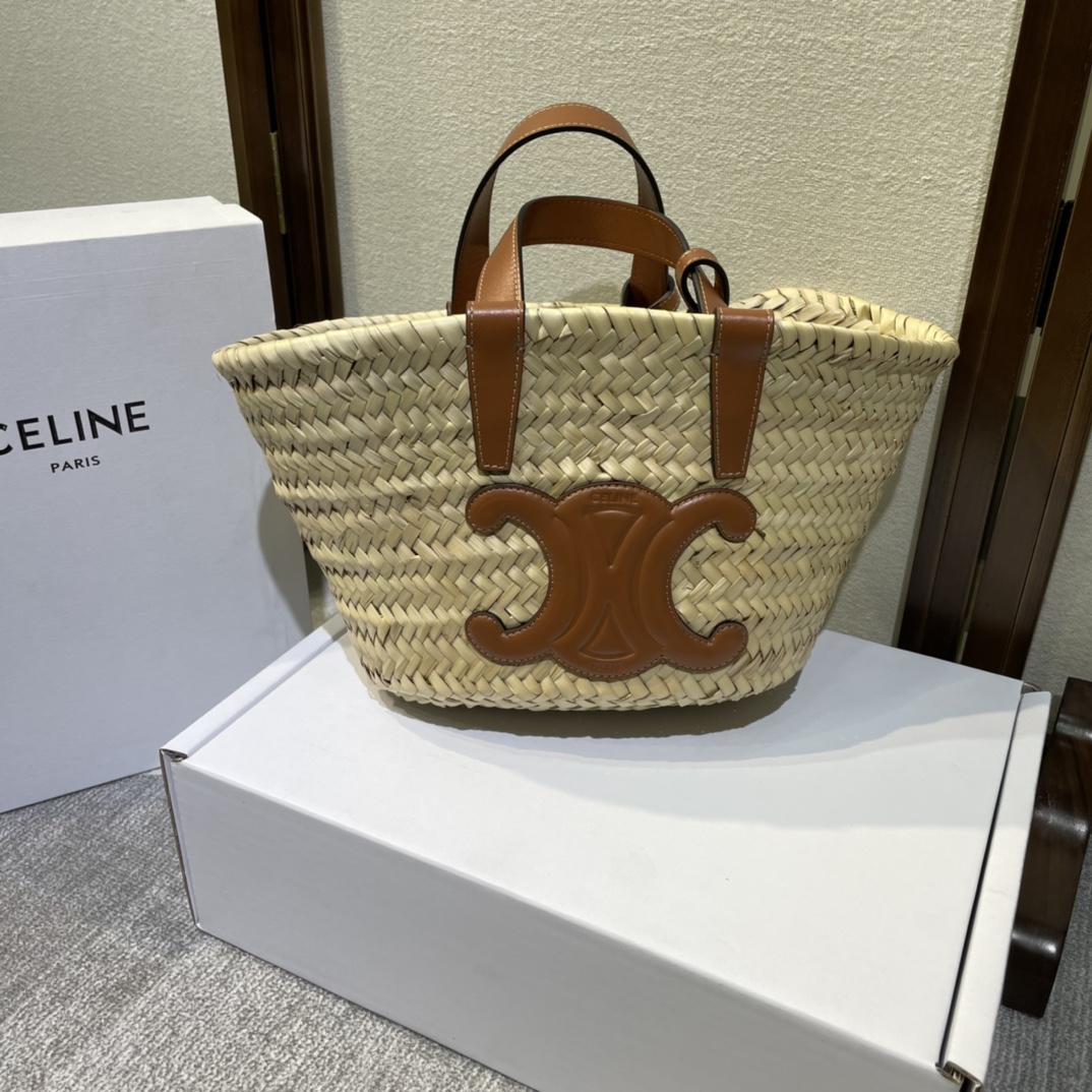 Celine Teen Triomphe Celine Classic Panier In Palm Leaves And Calfskin Tan - DesignerGu