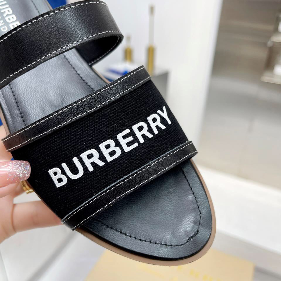 Burberry Women's Black Logo-appliquéd Leather And Cotton-canvas Slides - DesignerGu