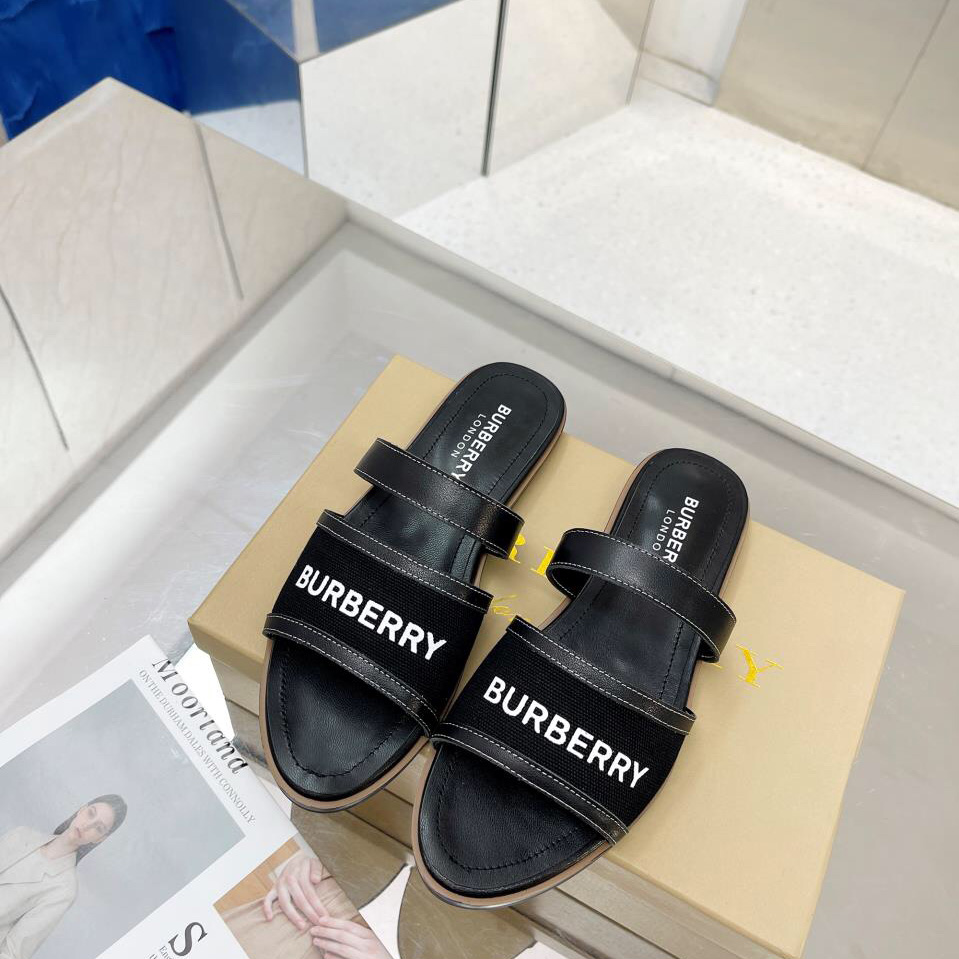 Burberry Women's Black Logo-appliquéd Leather And Cotton-canvas Slides - DesignerGu