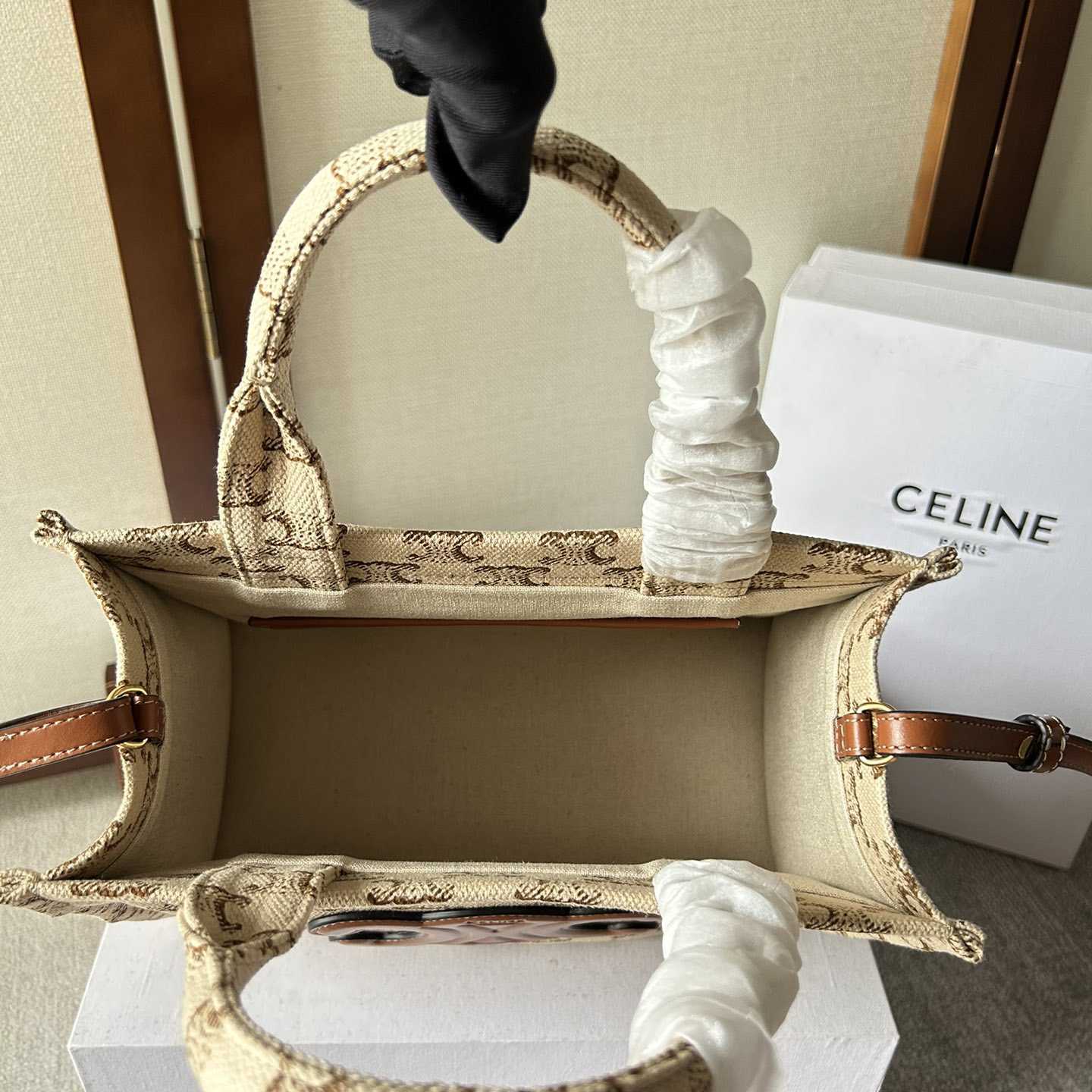 Celine Small Cabas Thais  In Textile With Triomphe Canvas Print And Calfskin White - DesignerGu