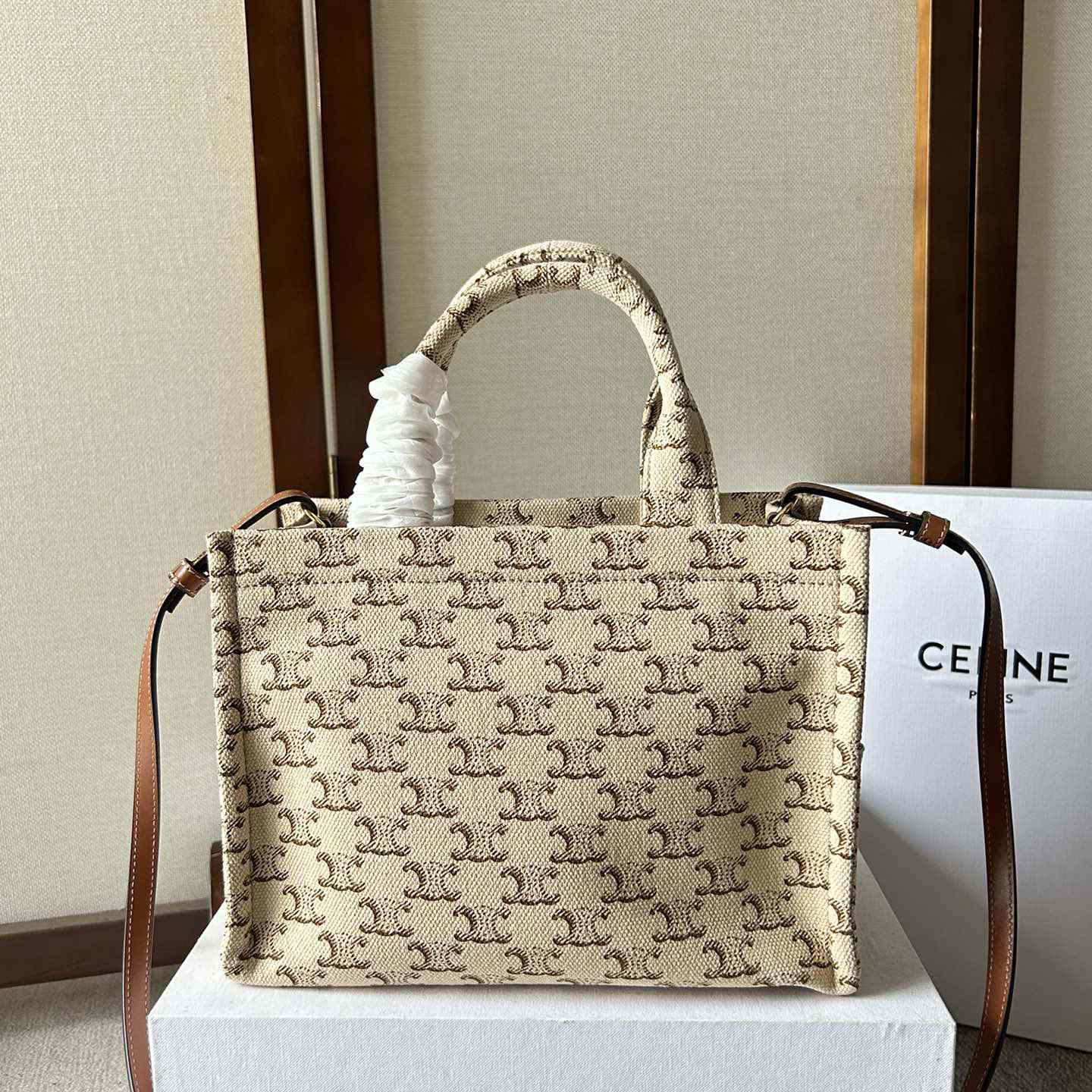 Celine Small Cabas Thais  In Textile With Triomphe Canvas Print And Calfskin White - DesignerGu