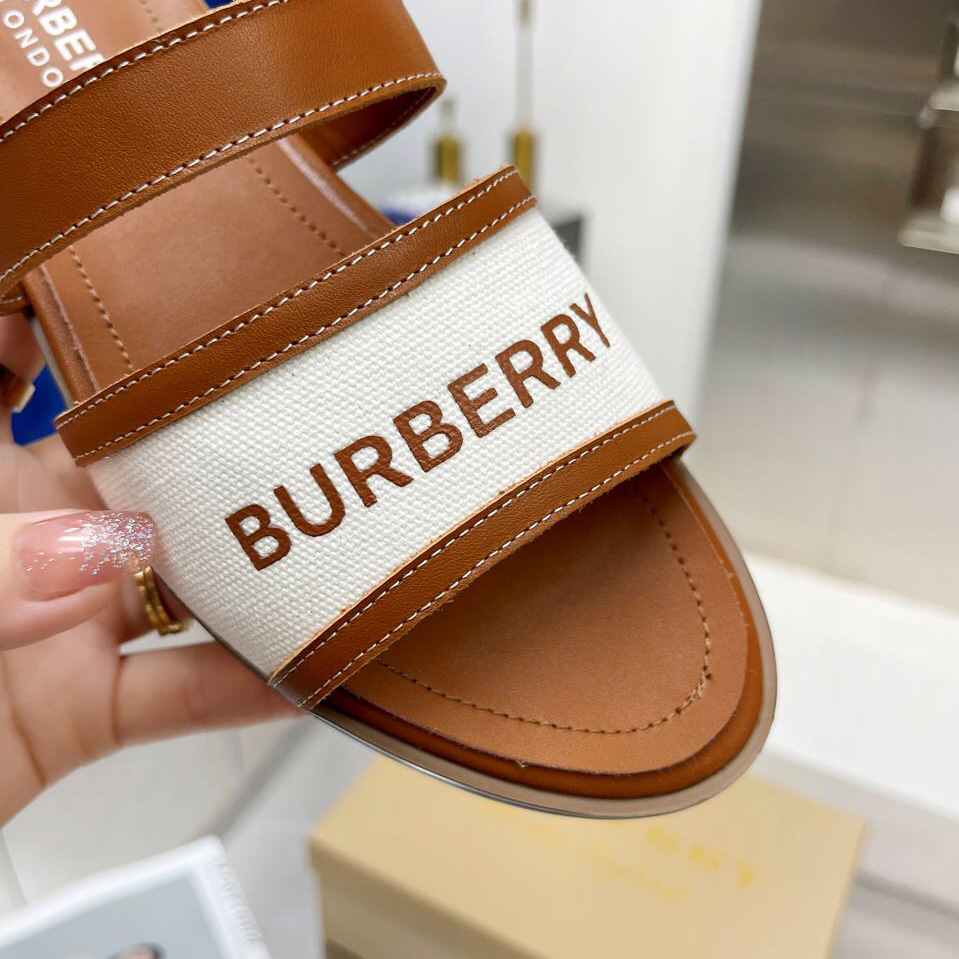 Burberry Women's Brown Logo-appliquéd Leather And Cotton-canvas Slides - DesignerGu