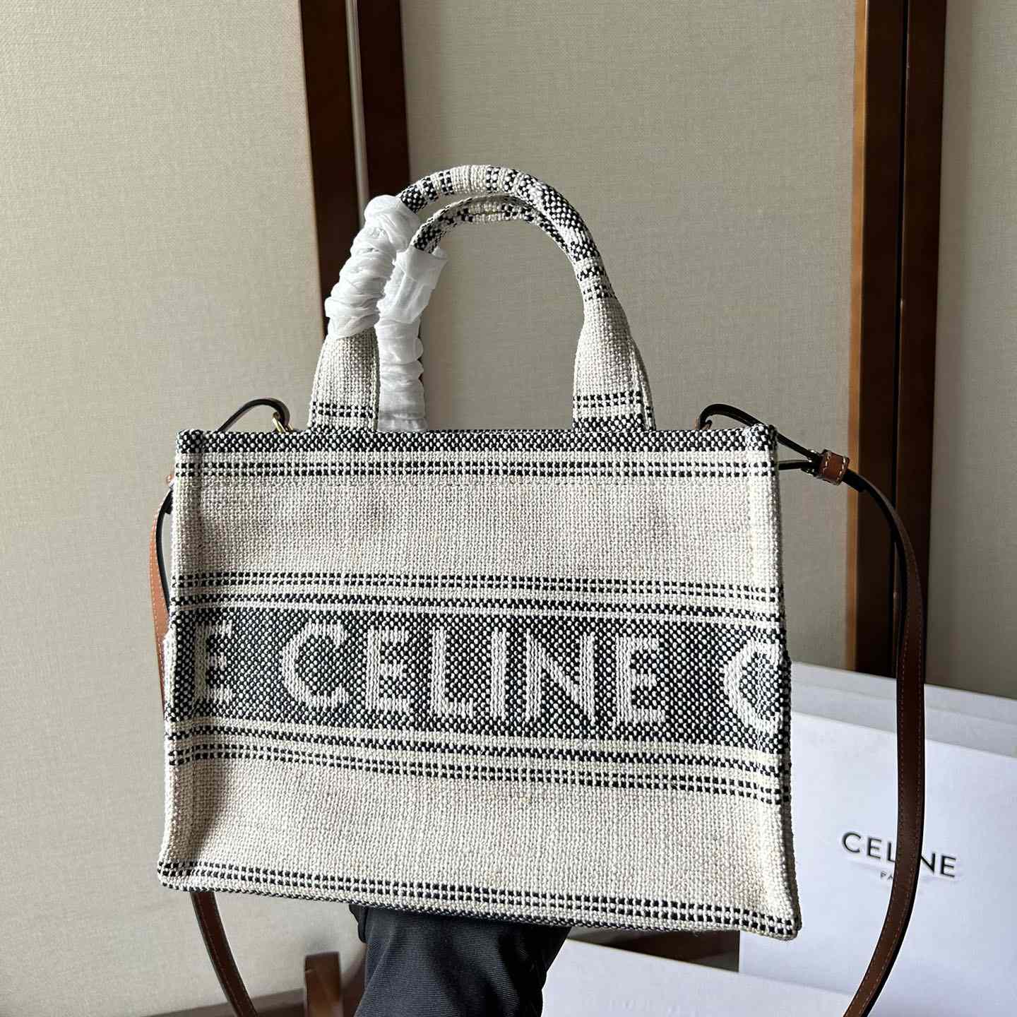 Celine Small Cabas Thais In Striped Textile With Celine jacquard White / Black  - DesignerGu