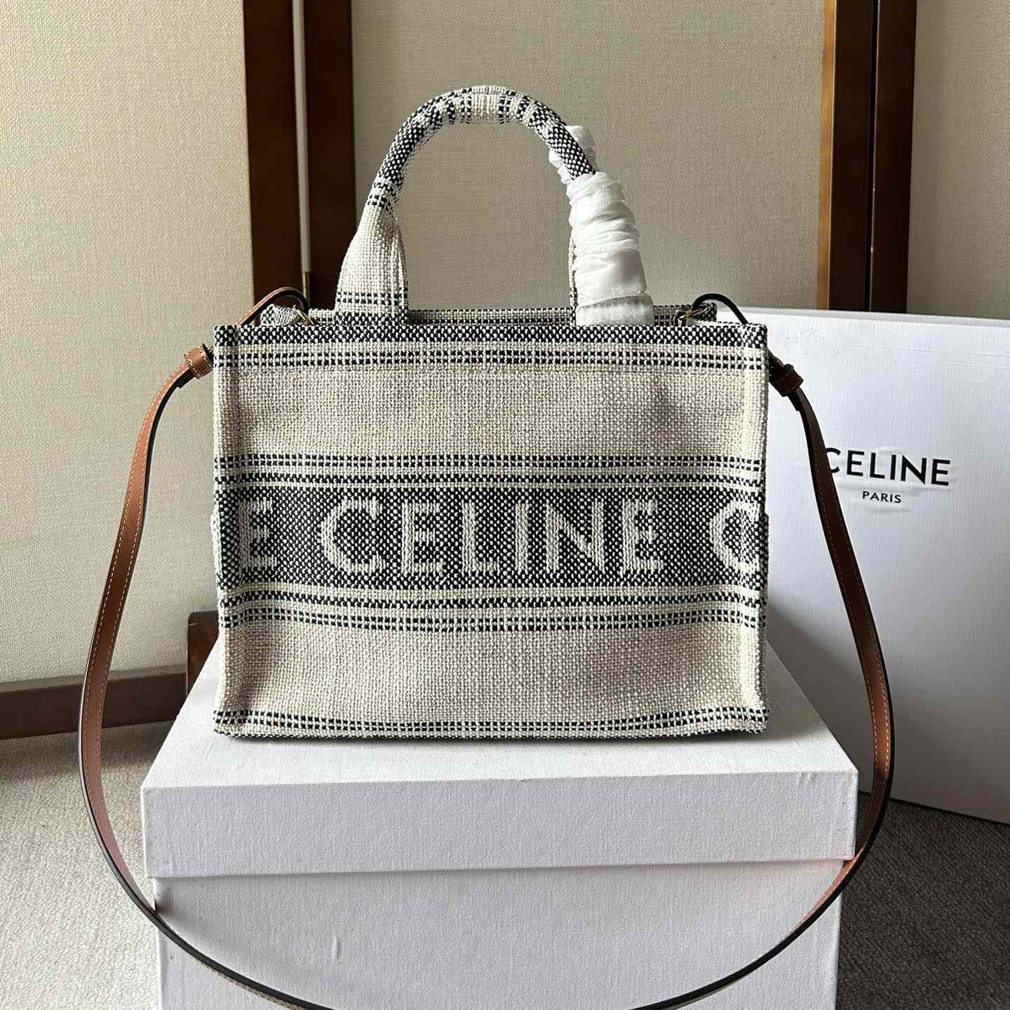 Celine Small Cabas Thais In Striped Textile With Celine jacquard White / Black  - DesignerGu