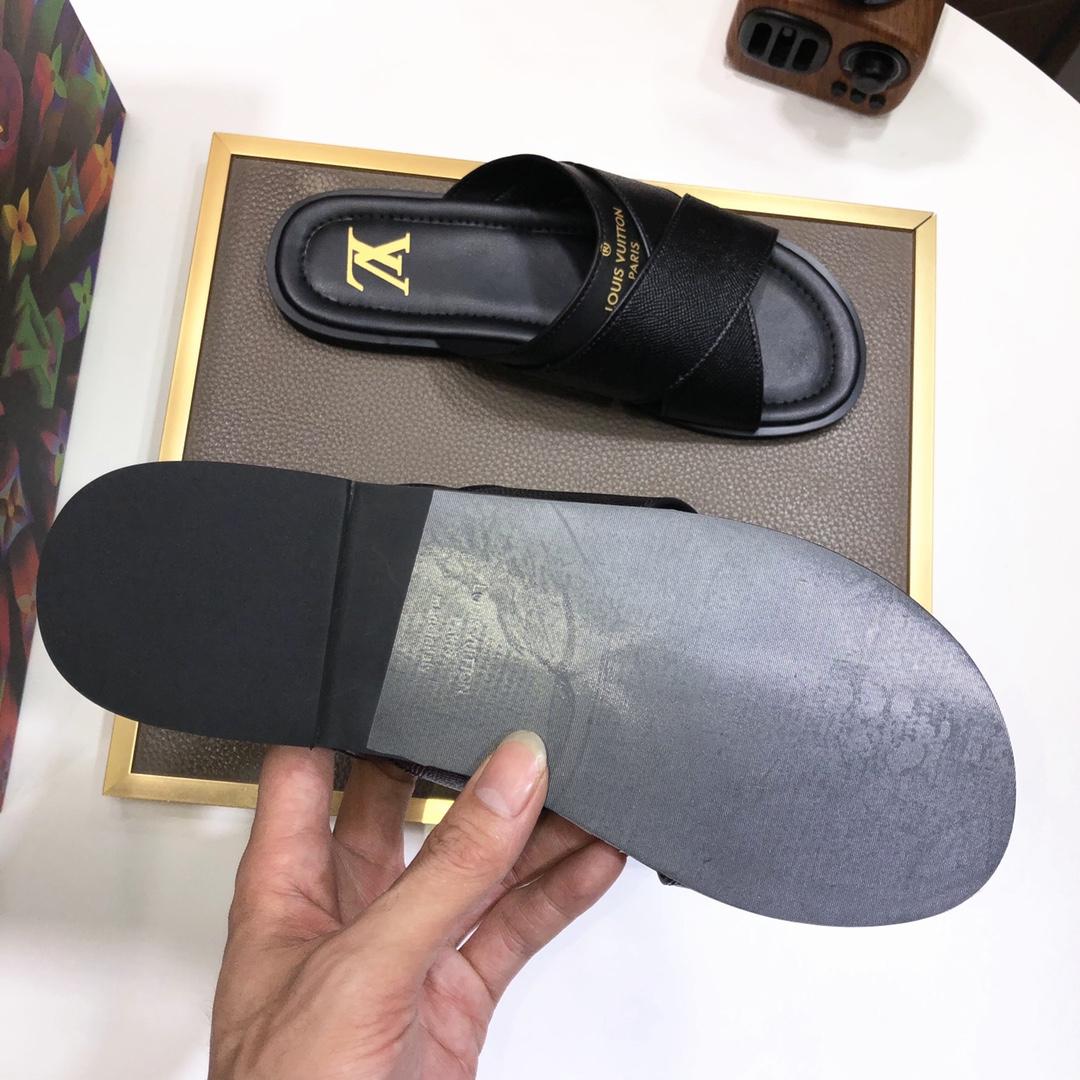 Louis Vuitton Black Leather Foch Cross Strap Flat Slides - DesignerGu