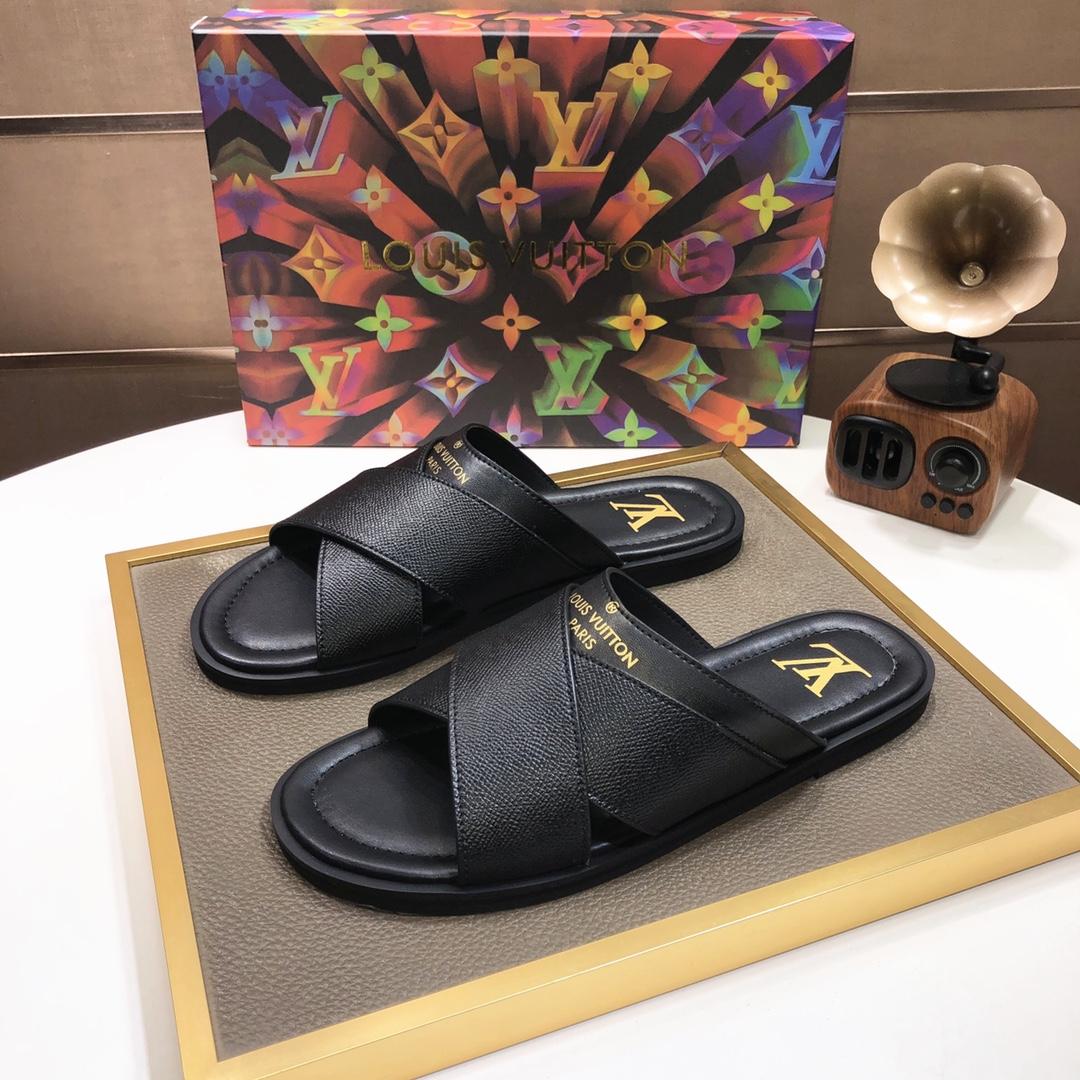 Louis Vuitton Black Leather Foch Cross Strap Flat Slides - DesignerGu