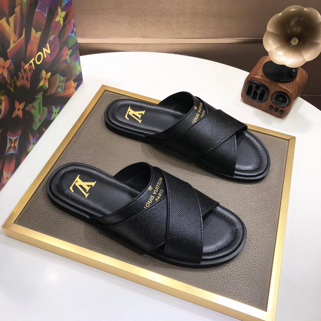 Louis Vuitton Black Leather Foch Cross Strap Flat Slides - DesignerGu