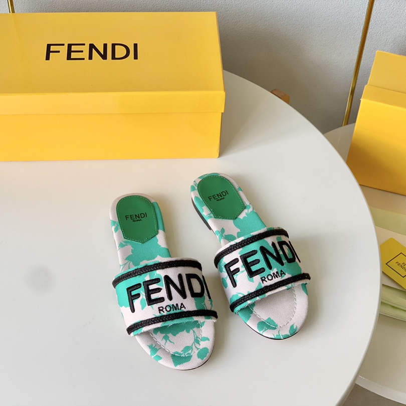 Fendi Signature Green Canvas Slides - DesignerGu