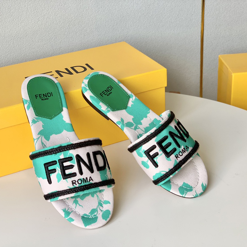 Fendi Signature Green Canvas Slides - DesignerGu