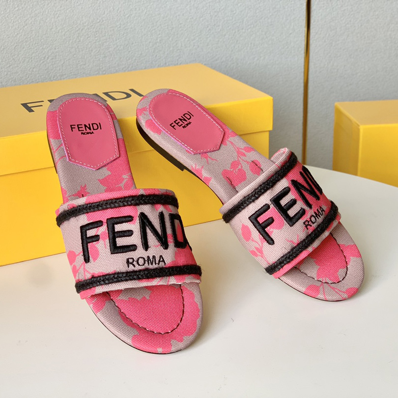 Fendi Signature Pink Canvas Slides - DesignerGu