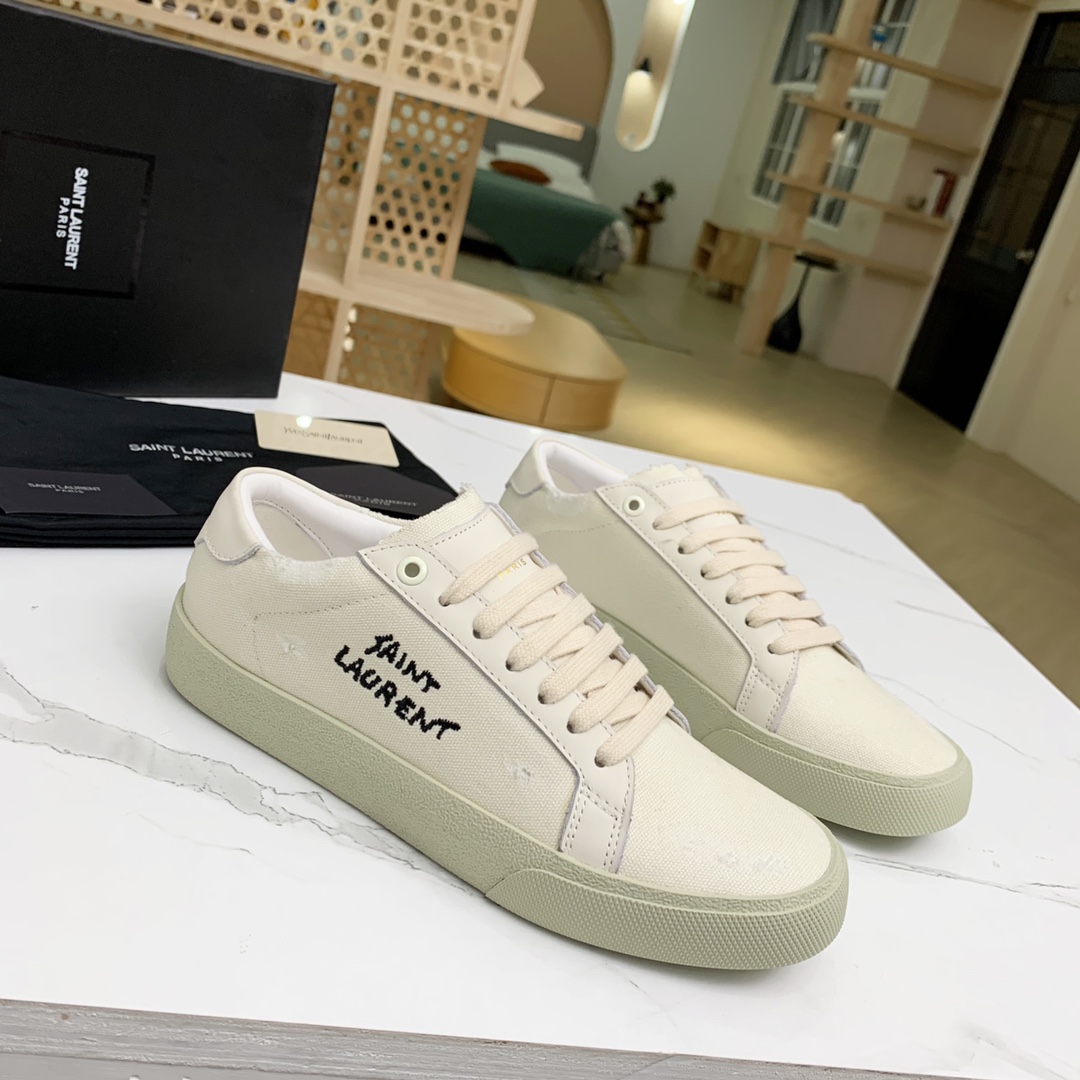 Saint Laurent Court Classic Sl/06 Sneakers Embroidered With Saint Laurent,In White Worn-look Fabric And Leather - DesignerGu