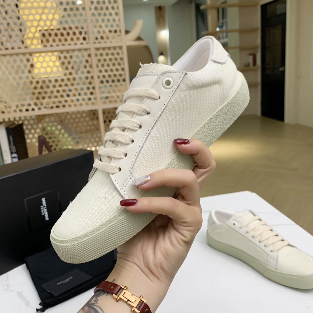 Saint Laurent Court Classic Sl/06 Sneakers Embroidered With Saint Laurent,In White Worn-look Fabric And Leather - DesignerGu