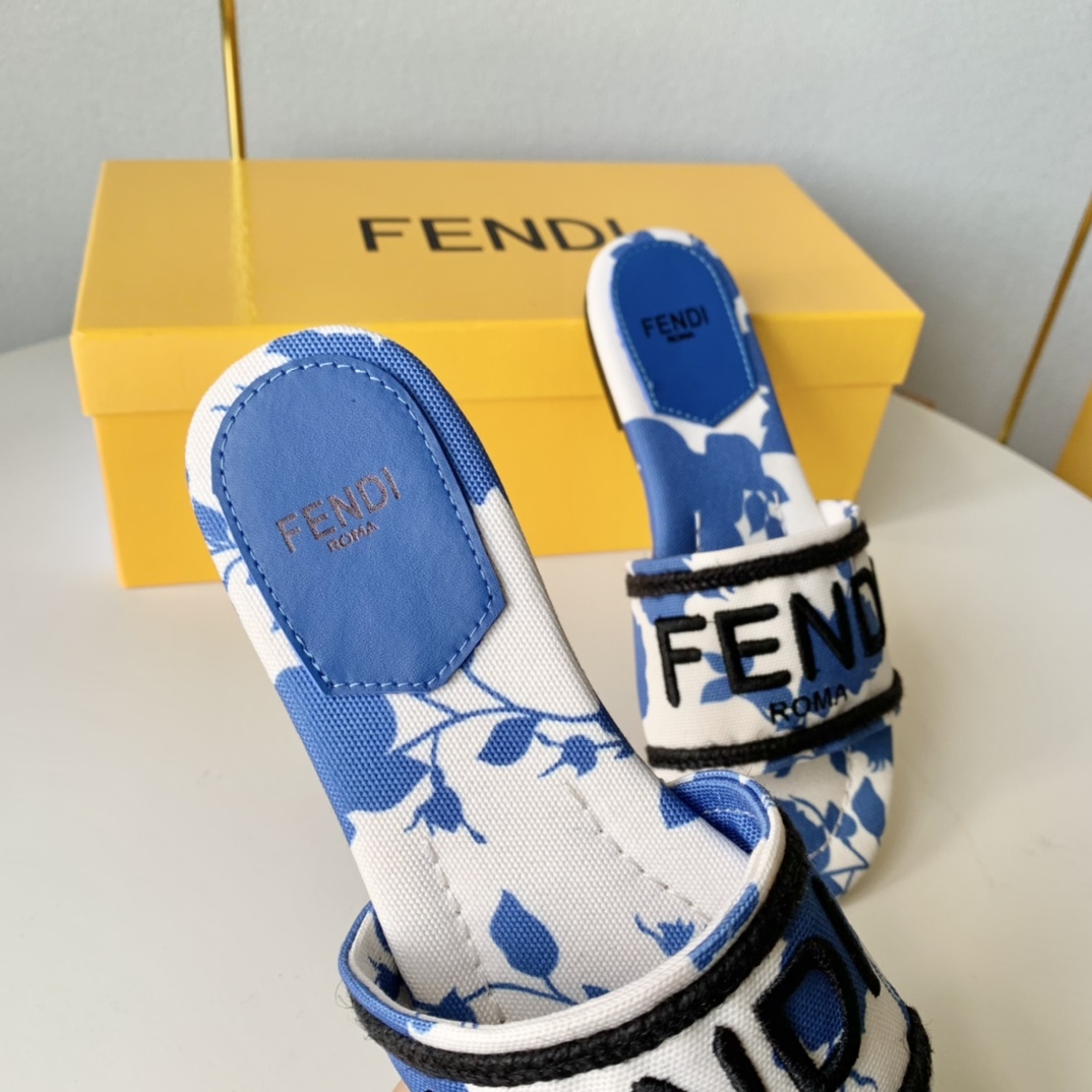 Fendi Signature Blue Canvas Slides - DesignerGu