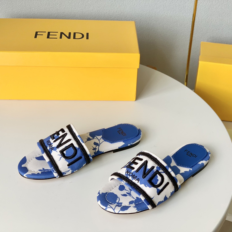 Fendi Signature Blue Canvas Slides - DesignerGu