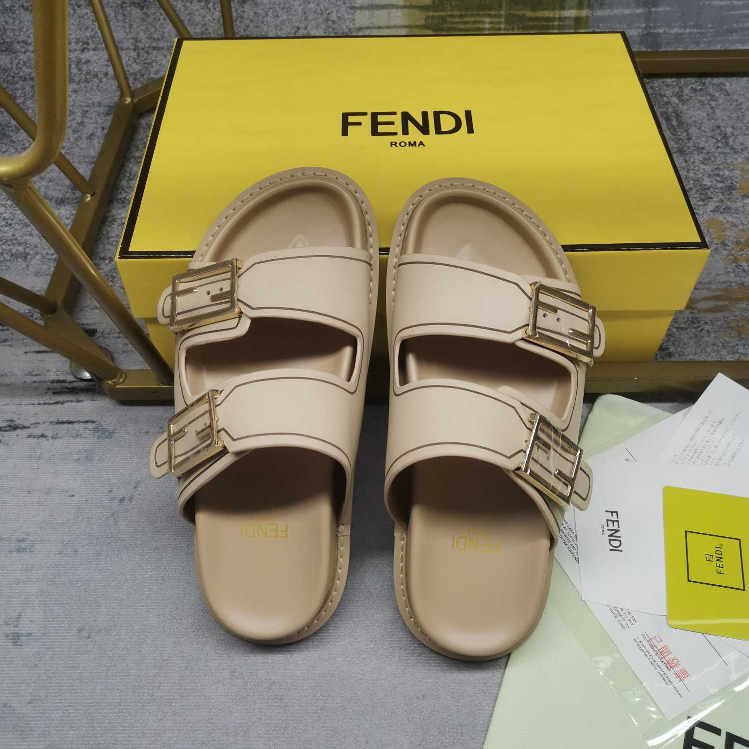 Fendi Feel Beige Leather Slides - DesignerGu