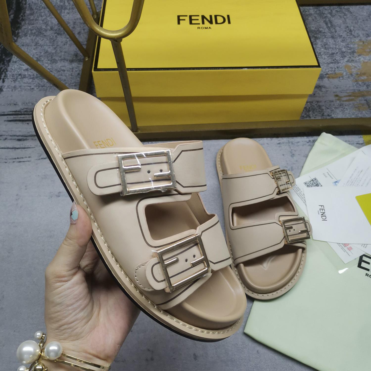 Fendi Feel Beige Leather Slides - DesignerGu