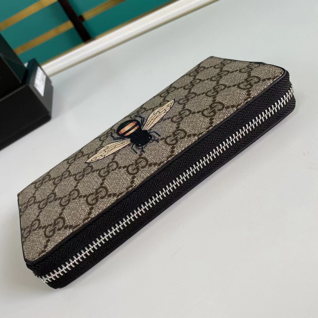 Gucci Bee Print GG Supreme Zip Around Wallet (19*10.5*2.5cm) - DesignerGu