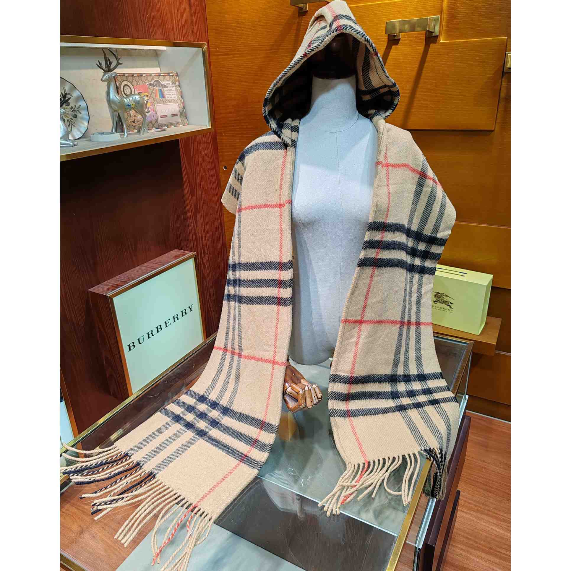 Burberry Check Wool Cashmere Hooded Scarf - DesignerGu