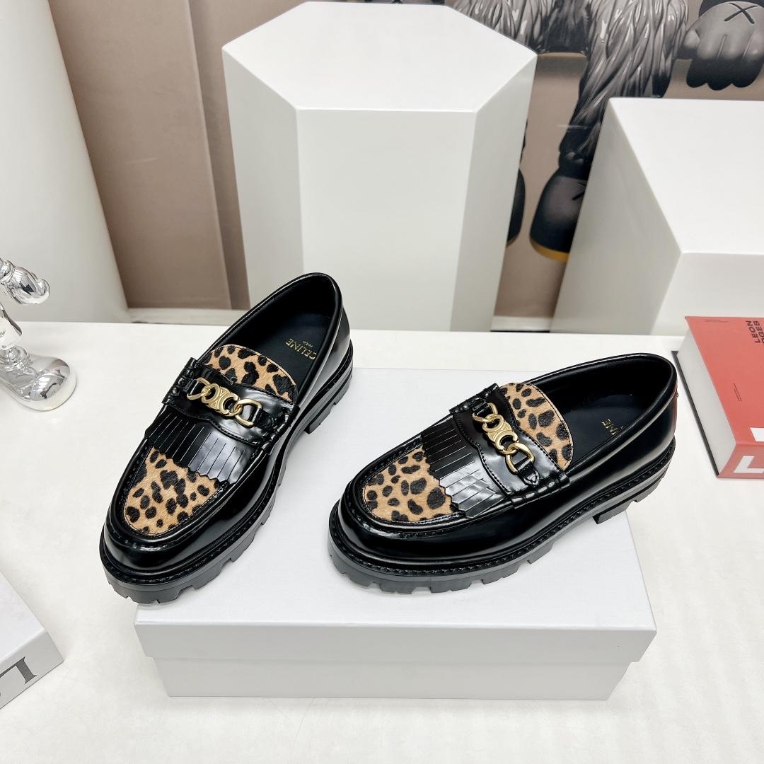 Celine Margaret Loafer With Triomphe In Polished Bull & Leopard Printed Hairy Calfskin Cal - DesignerGu