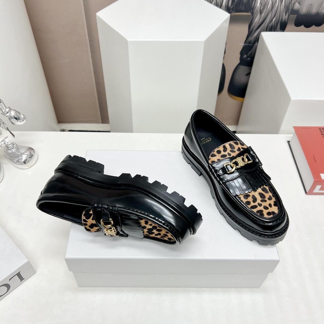 Celine Margaret Loafer With Triomphe In Polished Bull & Leopard Printed Hairy Calfskin Cal - DesignerGu