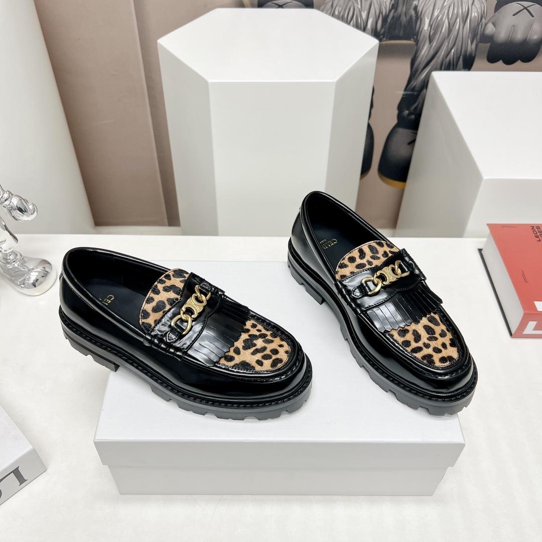 Celine Margaret Loafer With Triomphe In Polished Bull & Leopard Printed Hairy Calfskin Cal - DesignerGu