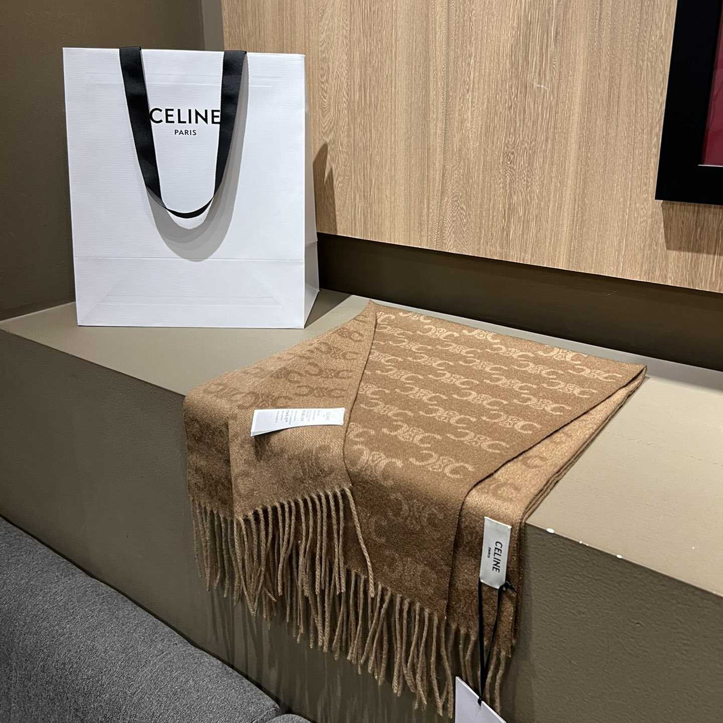 Celine Scarf In Monogram Cashmere Beige/toffee - DesignerGu