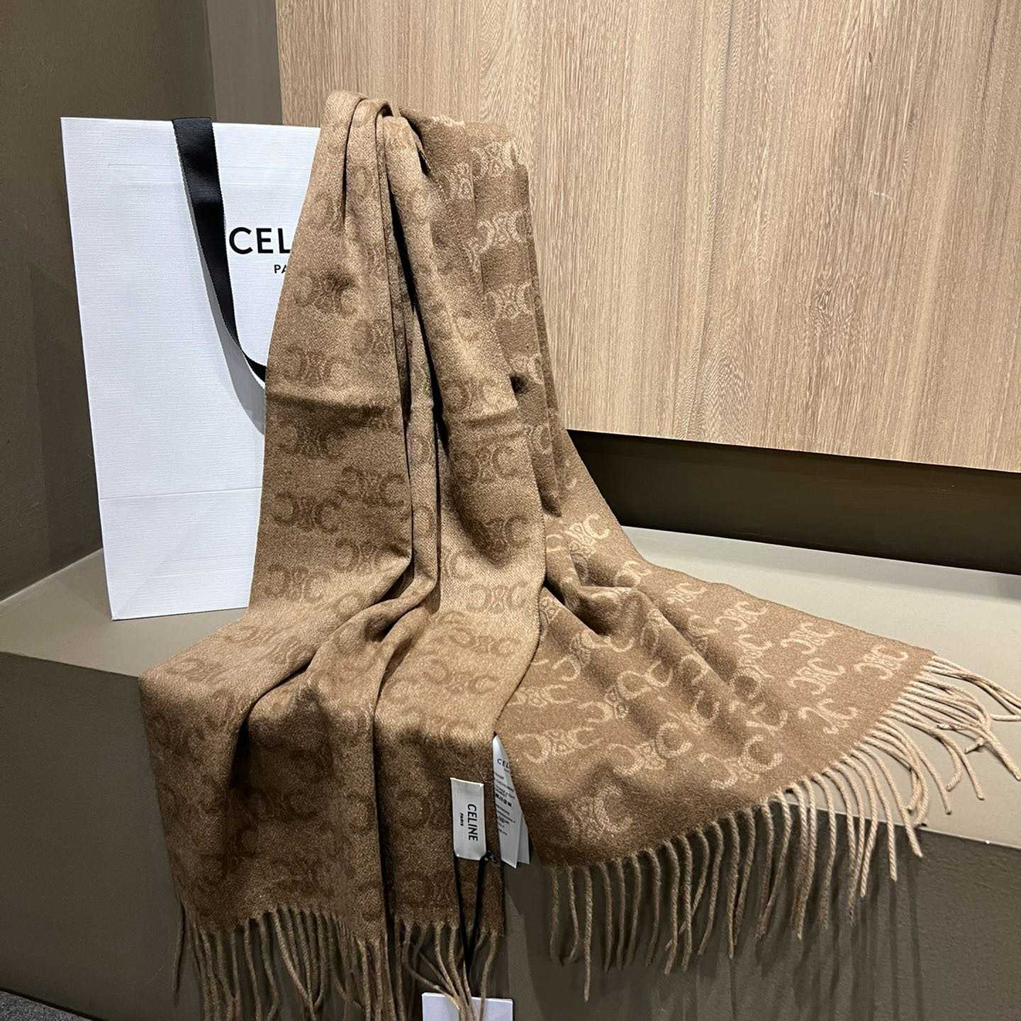 Celine Scarf In Monogram Cashmere Beige/toffee - DesignerGu