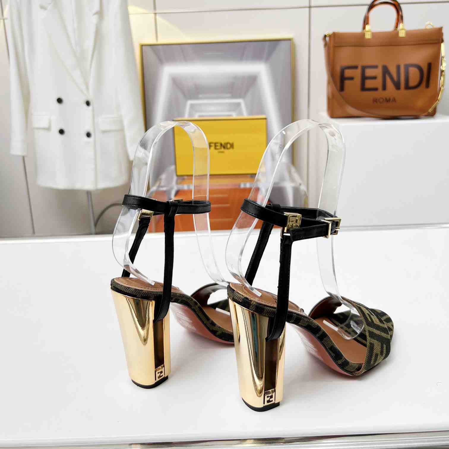 Fendi Delfina Brown Fabric High-heeled Sandals - DesignerGu