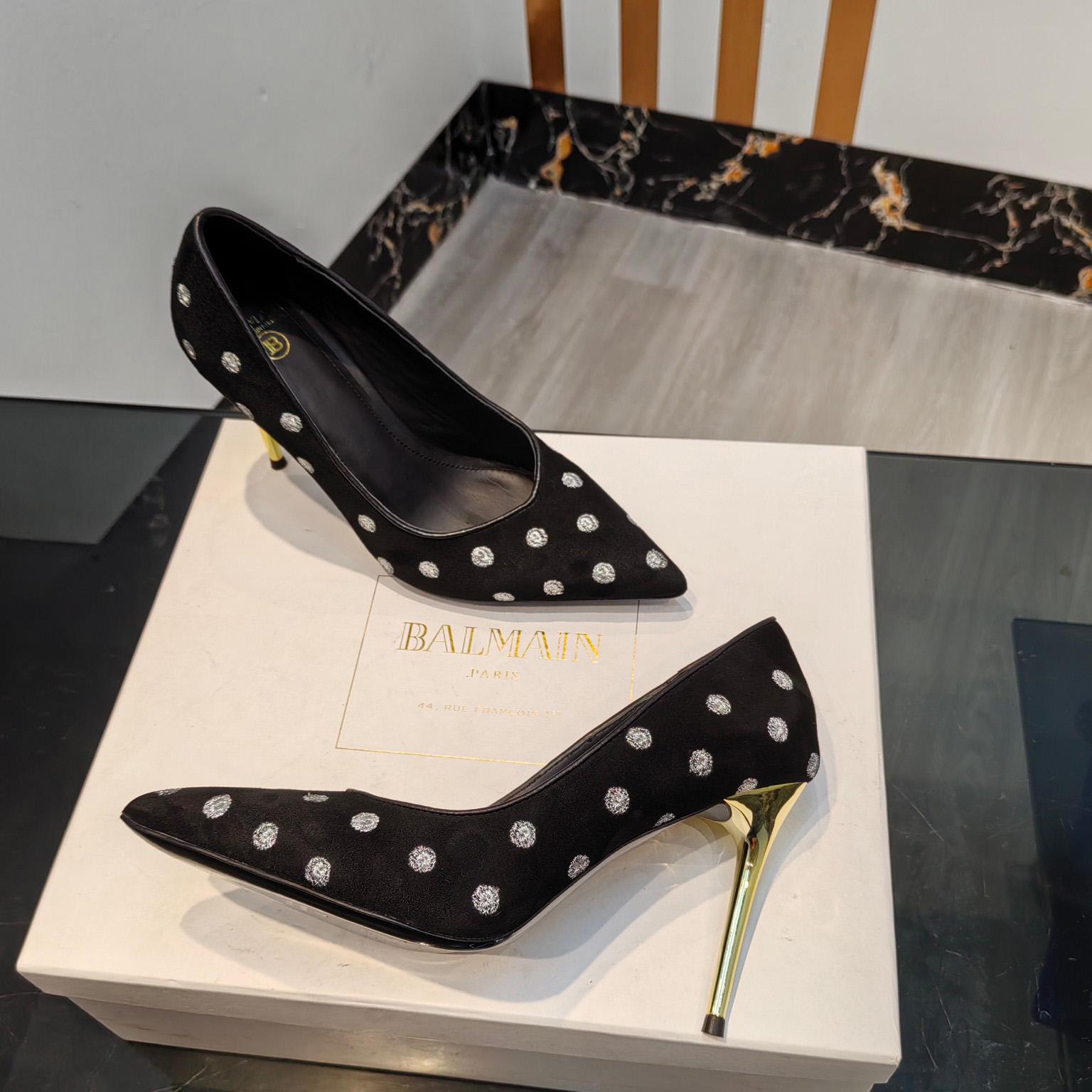 Balmain Polka Dot Velvet Pumps  - DesignerGu