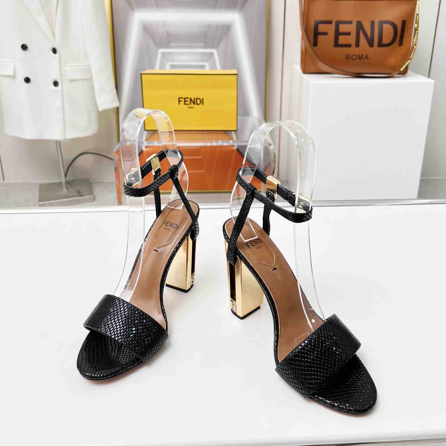 Fendi Delfina Black karung High-heeled Sandals - DesignerGu