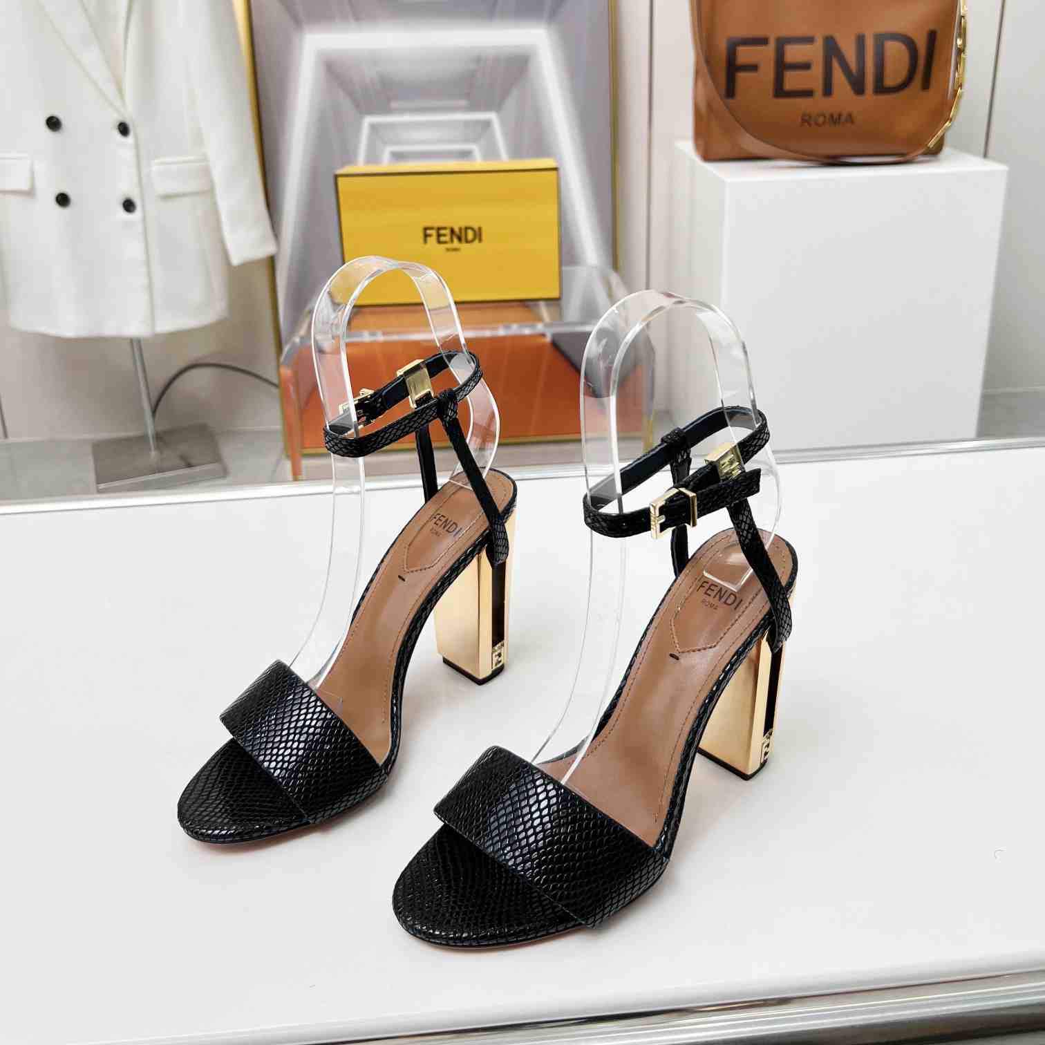 Fendi Delfina Black karung High-heeled Sandals - DesignerGu