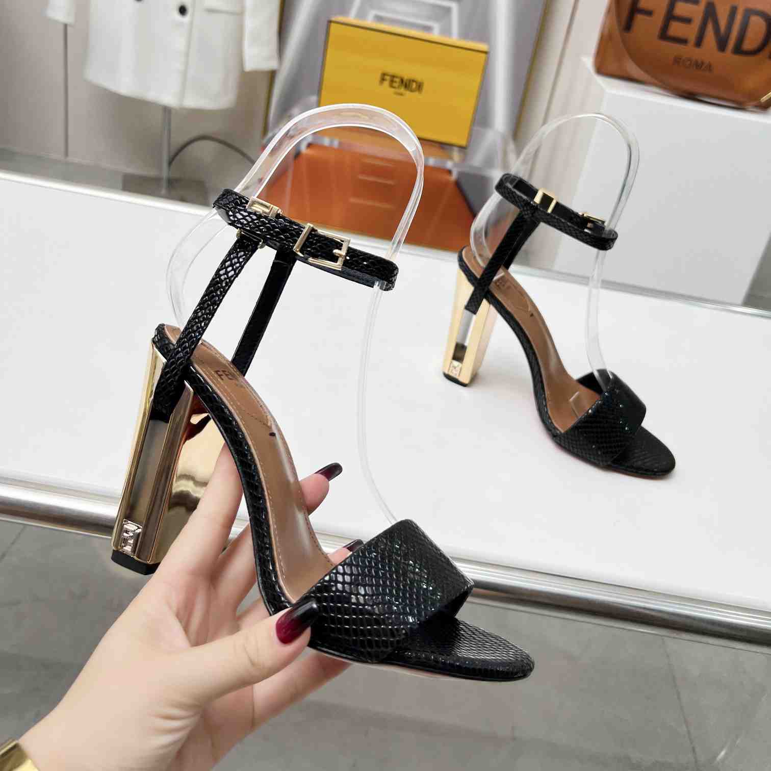 Fendi Delfina Black karung High-heeled Sandals - DesignerGu