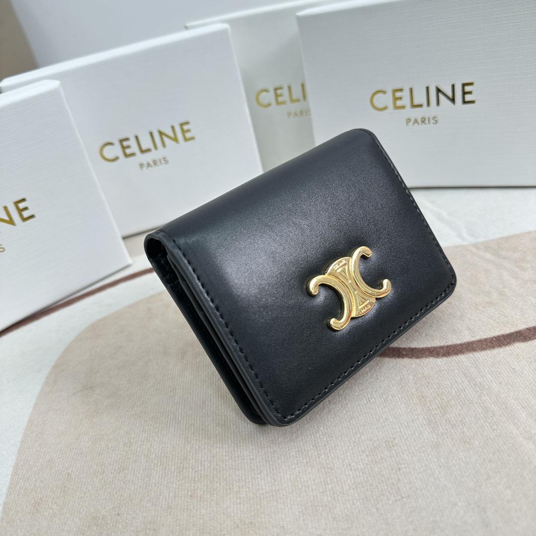 Celine Triomphe Compact Wallet In Shiny Calfskin - DesignerGu