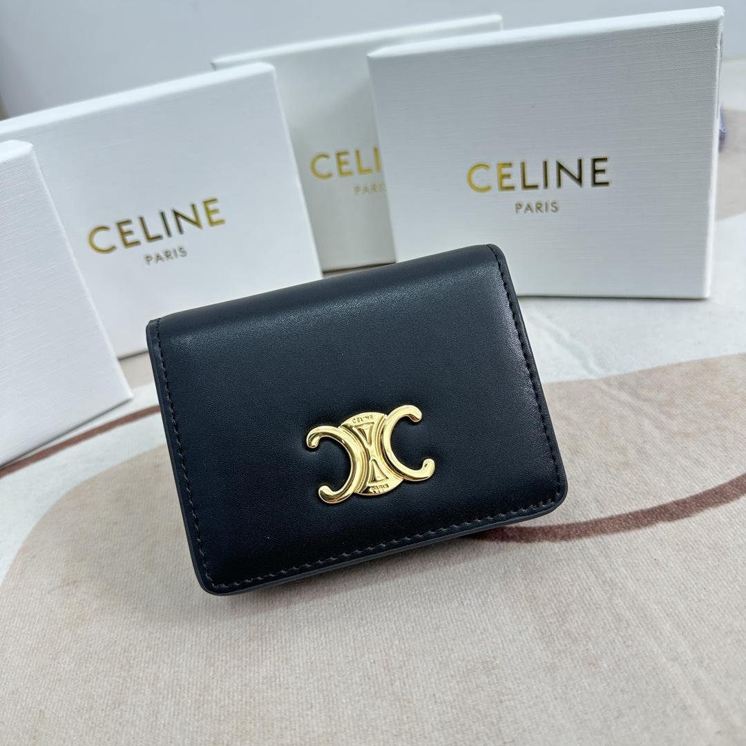 Celine Triomphe Compact Wallet In Shiny Calfskin - DesignerGu