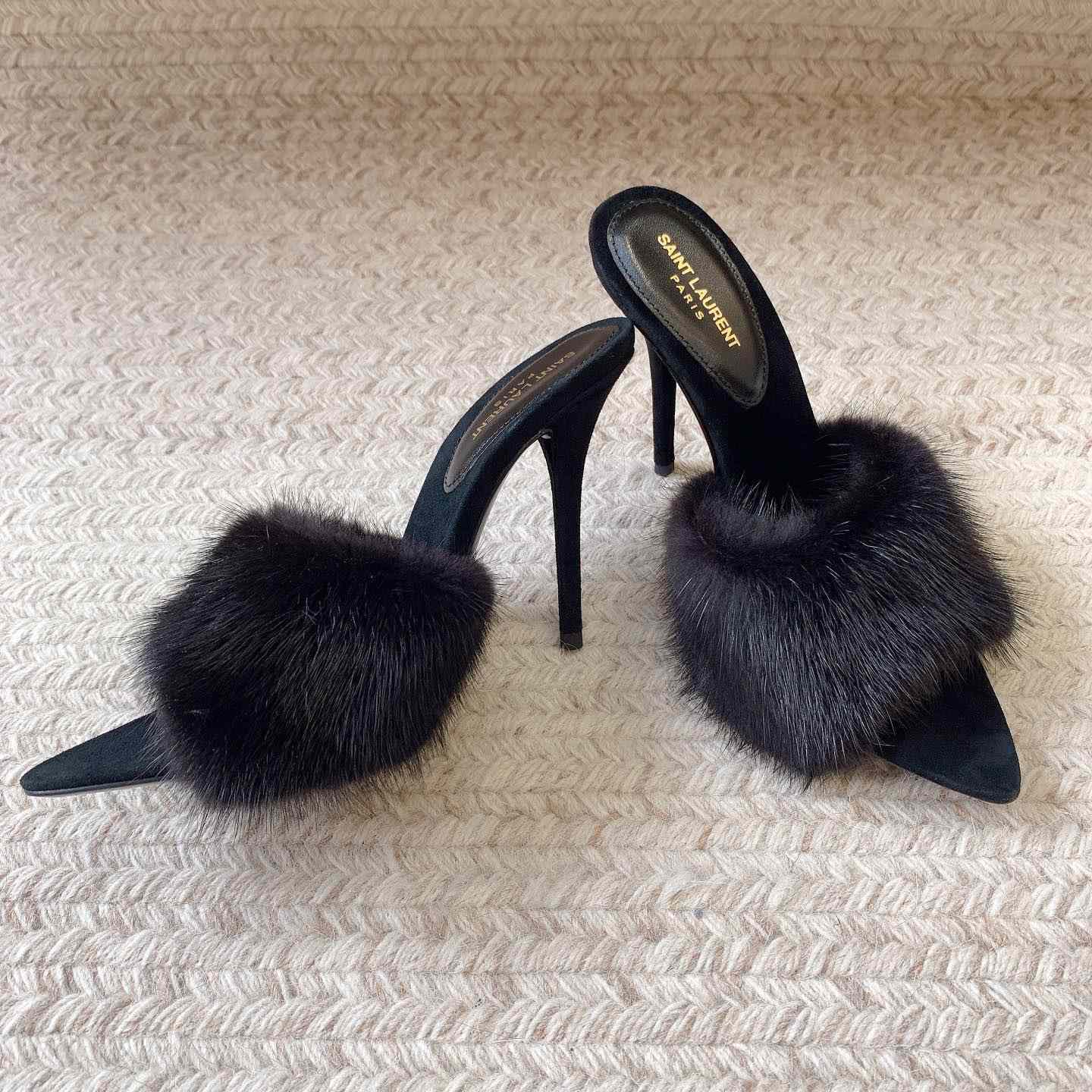 Saint Laurent LA 16 Mules In Animal-Free Fur And Suede  - DesignerGu