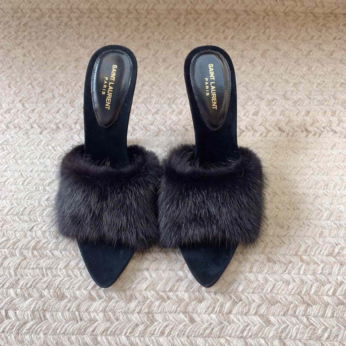 Saint Laurent LA 16 Mules In Animal-Free Fur And Suede  - DesignerGu