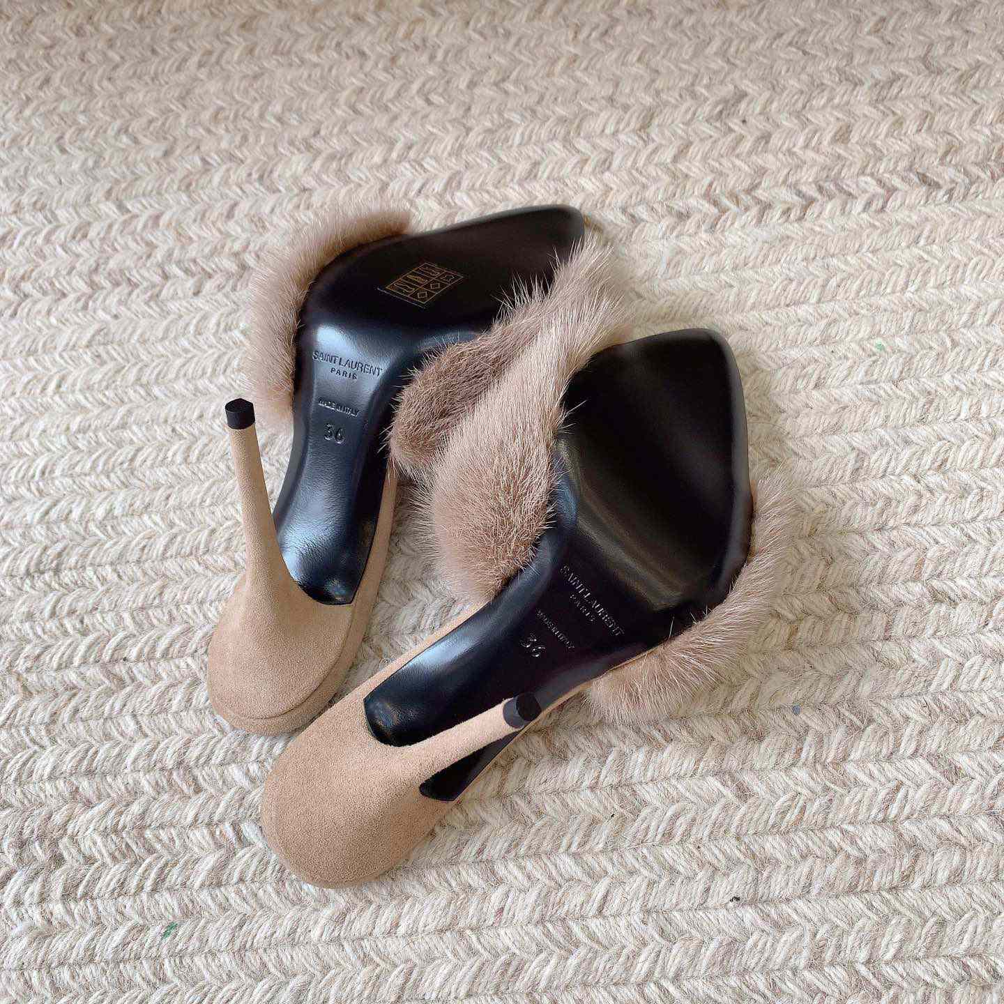 Saint Laurent LA 16 Mules In Animal-Free Fur And Suede  - DesignerGu