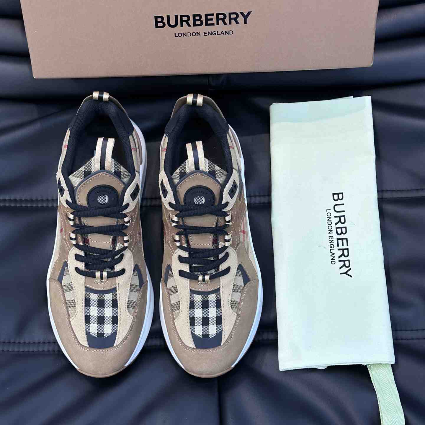 Burberry Beige Leather And Check Print Trainer - DesignerGu