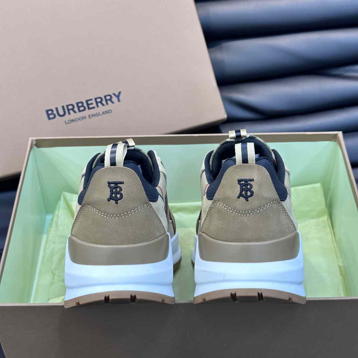 Burberry Beige Leather And Check Print Trainer - DesignerGu